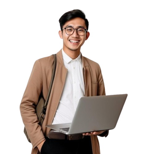 a happy freelancer sitting at his home office drinking coffee or tea and looking at the laptop premium ai generated image removebg preview